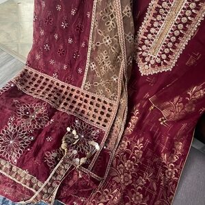 Maroon and Gold Embroidered Outfit